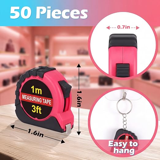 Kanayu 50 Pcs Mini Tape Measure Keychains 3 ft Small Retractable Measuring Tape Bulk with Lock Steel Easy Read Pocket for Birthday Party Favors Daily Use (Rose Pink)
