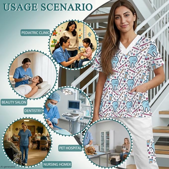 Gomyblomy Women's Scrubs Suit 3-Piece Set | Teeth Print V-Neck Top & Pants & Cap, Breathable and Stretch Fabric, S-5XL