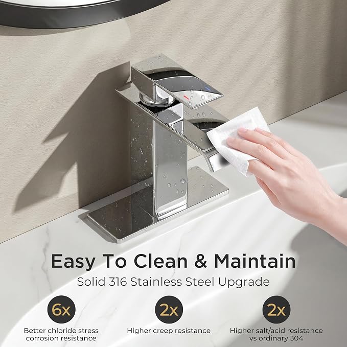 FORIOUS Bathroom Sink Faucets Chrome, Modern Waterfall Vanity Faucet 1 or 3 Hole Single Handle with Deck Plate and Drain, Suitable for Vanity Rv Camper Commerical