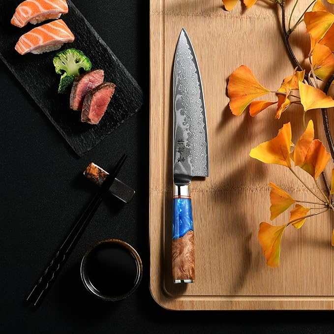 ATUMURYOU Japanese Chef Knife, 8 Inch Damascus Kitchen Knife with VG10 Steel, Ultra Sharp Professional Cooking Knives with Resin Wood Handle, Gift Box for Home & Restaurant