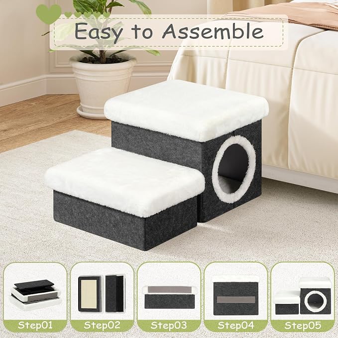 B FSOBEIIALEO Cat House Pet Stairs for Beds Sofa, Foldable Dog Steps 2-Tier With Storage Toy Box, Small Indoor Pet Steps Grey 15.7x12.6x12.6 Inches