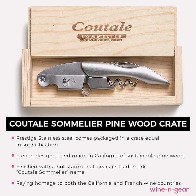 Prestige Waiters Corkscrew By Coutale Sommelier - Stainless Steel - Handmade and Sustainable Pinewood Crate - French Patented Spring-Loaded Double Lever Wine Bottle Opener for Bartenders and Gifts