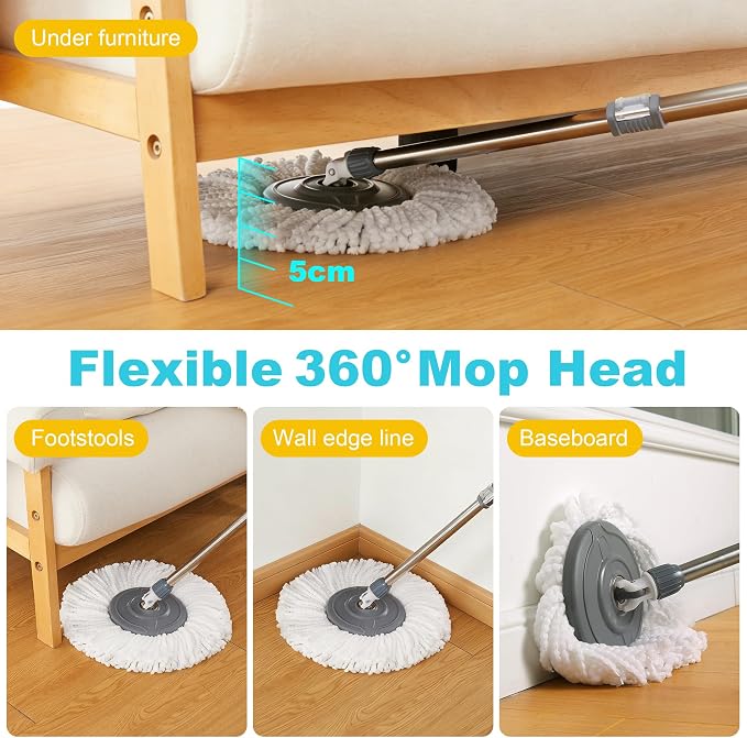 JOYMOOP Spin Mop and Bucket, 360° Mop Head & Telescopic Handle, Wet and Dry Use, 4 Reusable Microfiber Refills, Hands-Free Cleaning for Hardwood, Tile, Laminate Floors & Walls