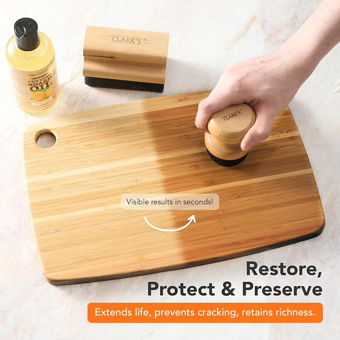 CLARK'S Food Grade Cutting Board Full Care Kit, Orange Lemon Scent - 4 Pack | Includes Food Grade Mineral Oil, Cutting Board Wax, Oil & Wax Applicators, Buffing Pads - Restores & Protects