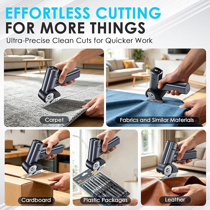 Cordless Electric Scissors Rechargeable, Smart Display Cardboard Box Cutter | 5 Speed and Battery Display Shear Cutting Tool with Storage Box Extra 2 Blades for Cardboard, Fabric, Leather DIY, Plastic