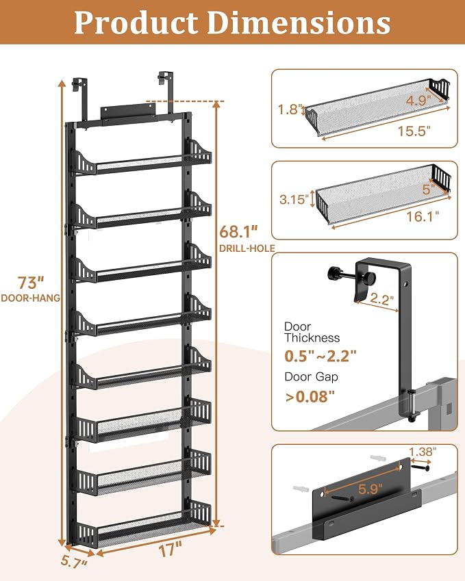 POKIPO 8-Tier Over the Door Pantry Organizer, Large Metal Door Spice Rack with Adjustable Basket, 2 in 1 Wall Mount or Hanging Heavy-Duty Pantry Door Storage Shelf for Kitchen and Bathroom, Black