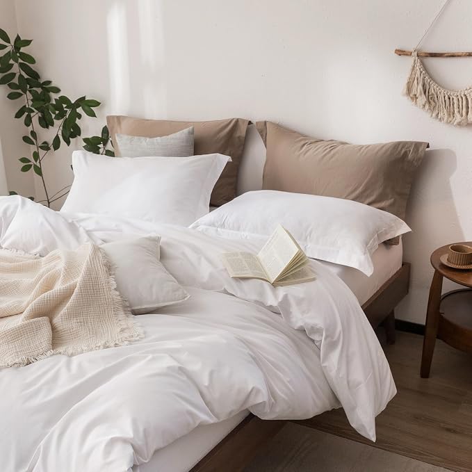 Linen Feel Duvet Cover Queen Size 90inch x 90inch,100% Washed Cotton Duvet Cover with Zipper Closure and 2 Pillowcases, Color of Bright White