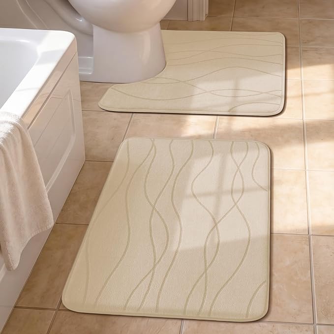 YIHOUSE Bathroom Rugs Set 2 Piece, Memory Foam Bath Mat Khaki | U Shaped+Small Mat, Ultra Soft, Absorbent, Non-Slip, Machine Washable, for Bathroom, Sink and Toilet