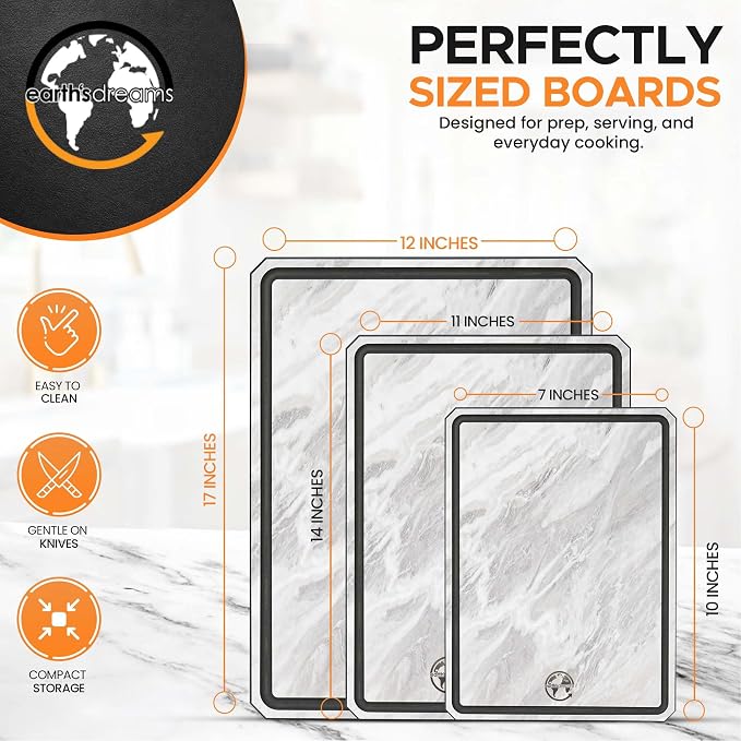 Earth's Dreams Composite Wood Cutting Board Set of 3, Marble Stone Look | Dishwasher Safe,Built In Juice Groove, Non-Toxic, Large, Medium & Small Non-Slip Wood Charcuterie & Chopping Boards