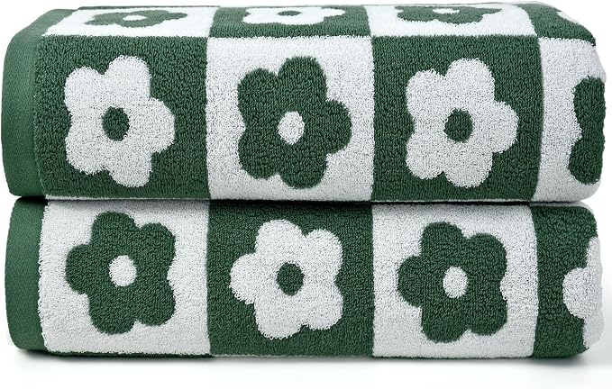 2-Pieces Luxury Bath Towels Checkered Floral, Green Towels for Women Girls | Shower Body 27.5x55 Inches, Cute Bathroom Decor , Cotton