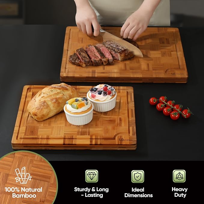 Extra Large Bamboo Cutting Boards, 2-Pack Heavy Duty Bamboo Cutting Boards Set with Juice Grooves & Non-Slip Feet –Checkered Extra Large Thick Wood Chopping Board for Meat, Fruits, Non-Toxic & Durable