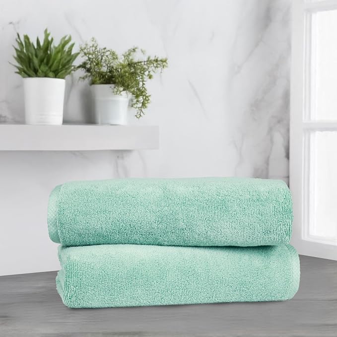 Amazon Basics Quick-Dry Lightweight Moisture Absorbing Bath Towel,100% Cotton,54" x 30",Seafoam Green,2 Count (Pack of 12)