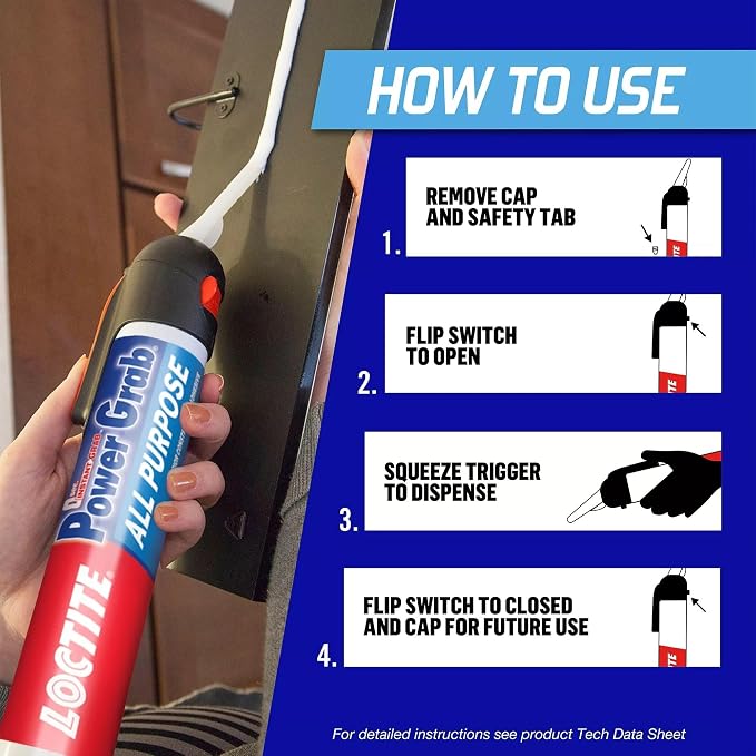 Loctite Power Grab Express All Purpose Construction Adhesive, 7.5 fl oz, 1 Pressure Pack - Versatile Construction Glue for Cement, Tile, Wall & More