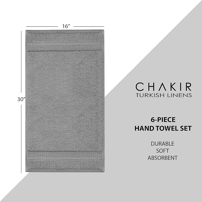 Chakir Turkish Linens 6 Piece Hand Towels, 100% Cotton Luxury Turkish Towels for Bathroom, Soft Absorbent Hand Towel Set, 16 x 30 Inches, Gray