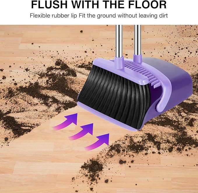 NACENA Broom and Dustpan Set, 52-in Long Adjustable Handle Broom Dustpan Combo with Dustpan Teeth to Automatically Clean Hair Suitable for Home Kitchen Office Hall Floor (Purple), 4 Pack