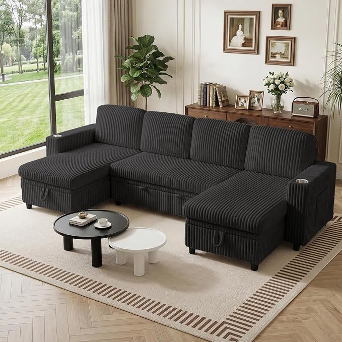 U-Shaped Couch with Pull-Out Bed. Sectional Sleeper Sofa, Black | Hidden Storage, USB & Type-C Port, Cup Holders, Cloud Corduroy, Modular Design for Living Room, Apartment, Easy Assembly