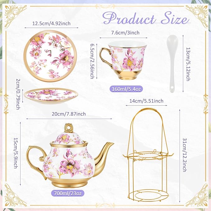 Zhehao 20 Pcs Porcelain Tea Set with Metal Holder and Spoon Adult Ceramic Tea Set European Flower Painting Teapot Cup Saucer Spoon for Women Mom Gift, Large Version (Purple Style)
