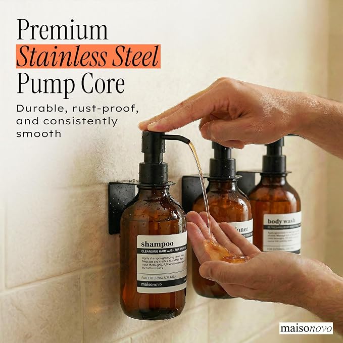 Shampoo and Conditioner Dispenser Wall Mounted Set of 3 Amber Black - No Drill Shower Soap Dispenser for Bathroom Refillable - Spa Hotel Style Accessories by MaisoNovo