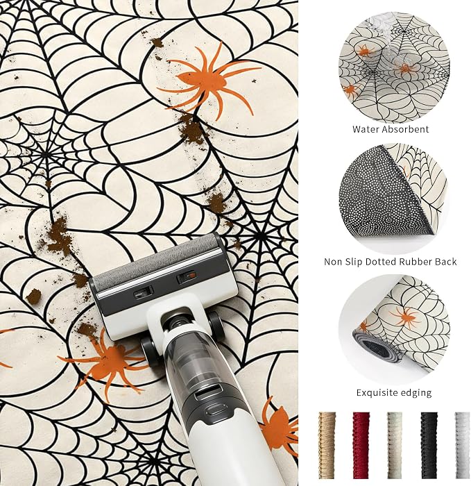 Round Area Rug 5', Halloween Washable Area Rugs for Living Room Kitchen Bedroom Nursery Dining Room, Orange Black Net Classic Spiders Gingham Non Slip Door Mat Indoor Floor Throw Circle Carpet