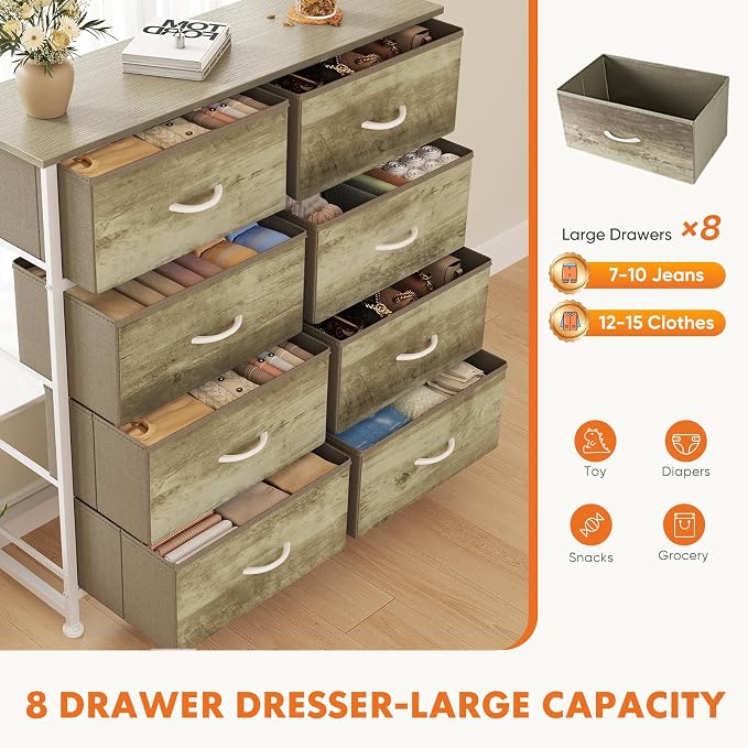 Sweetcrispy 8 Drawer Dresser for Bedroom, Large Fabric Storage Tower | Organizer Chest of Drawers with Metal Frame and Wooden Top for Nursery Closet Living Room Entryway, Oak Finish