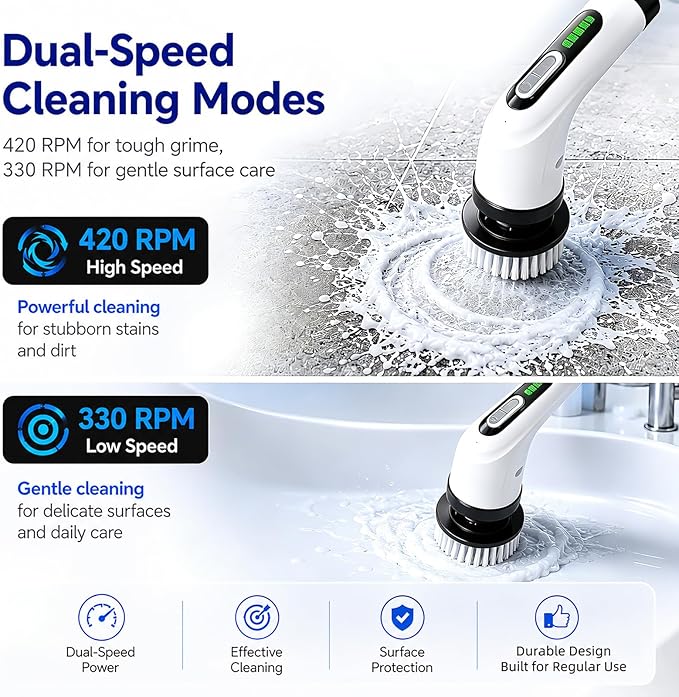 Highyes Electric Spin Scrubber for Bathroom, IPX7 Waterproof Shower Scrubber with Extendable Long Handle, Bathroom Cleaning Scrubber with 7 Reusable Brush Heads