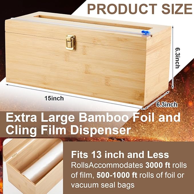 Colingmill 2 Pack 12" x 3000ft Large Plastic Wrap Dispenser with Cutter Roller Commercial Bamboo Holder for 3000ft Film 1000ft Aluminum Foil Non Slip Pad Fit Big Saran Wrap Restaurant Kitchen