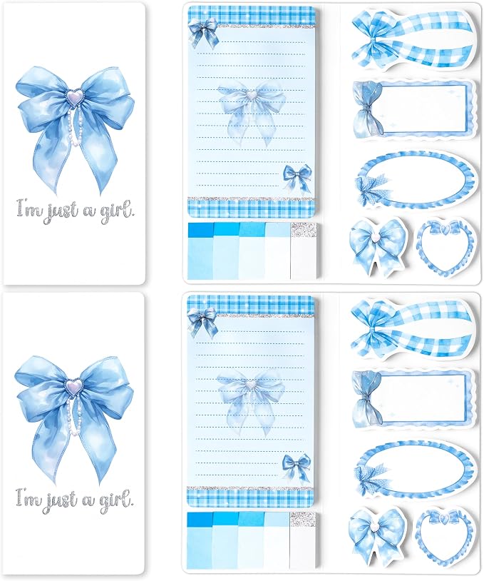 Xqumoi 2 Pack Coquette Blue Bow Sticky Notes for School Office Supply | Blue Bow Sticky Notes Set, Notepads Writing Memo Pad, Page Marker Bookmarker, Preppy Girly Gift, Back to School Office Supply