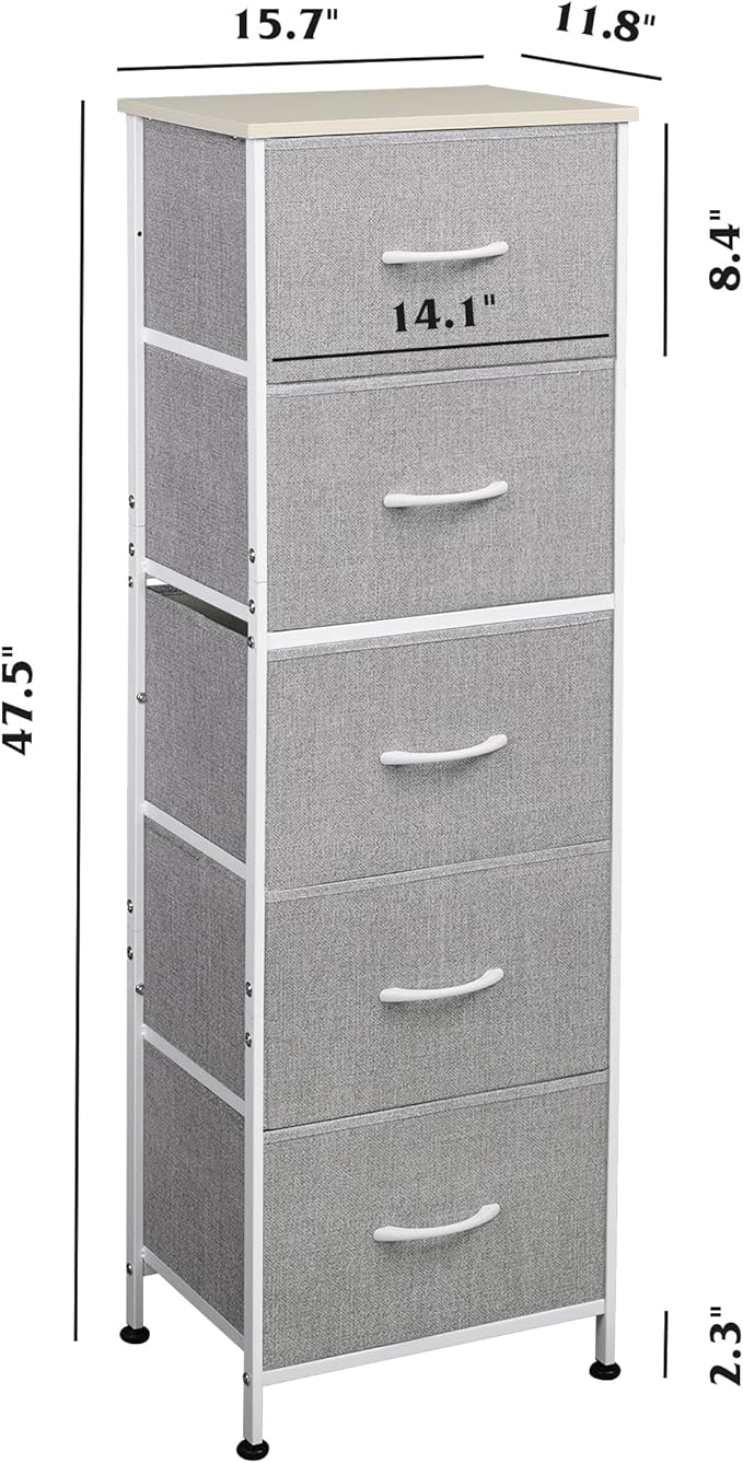 WLIVE Fabric Dresser, 5-Drawer Tall Dressers for Bedroom, Storage Dresser Organizer with Fabric Bins, Wood Top, Sturdy Steel Frame, Chest of Drawers for Closet, Hallway, Light Grey