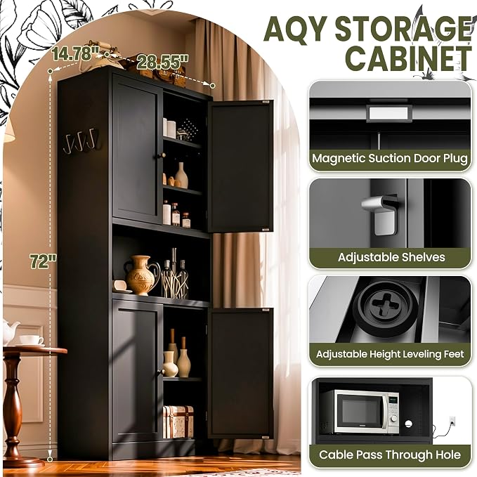 AQY Metal Pantry Cabinet, 72" Black Kitchen Storage Cabinet with Doors | Microwave Stand 3 Adjustable Shelves Freestanding Storage Metal Cabinet Kitchen Organization