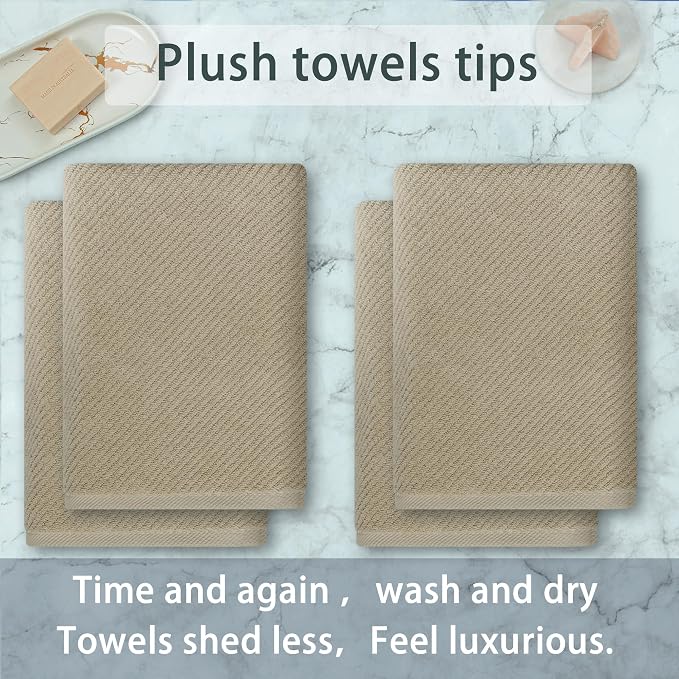 VOOVA & MOVAS Bath Towels 4PC, 100% Cotton, 30x56 in, Dark Beige | Quick Dry, Thick, Soft, Absorbent, Bathroom Essentials, Ideal For Shower, Spa, Household Daily Use