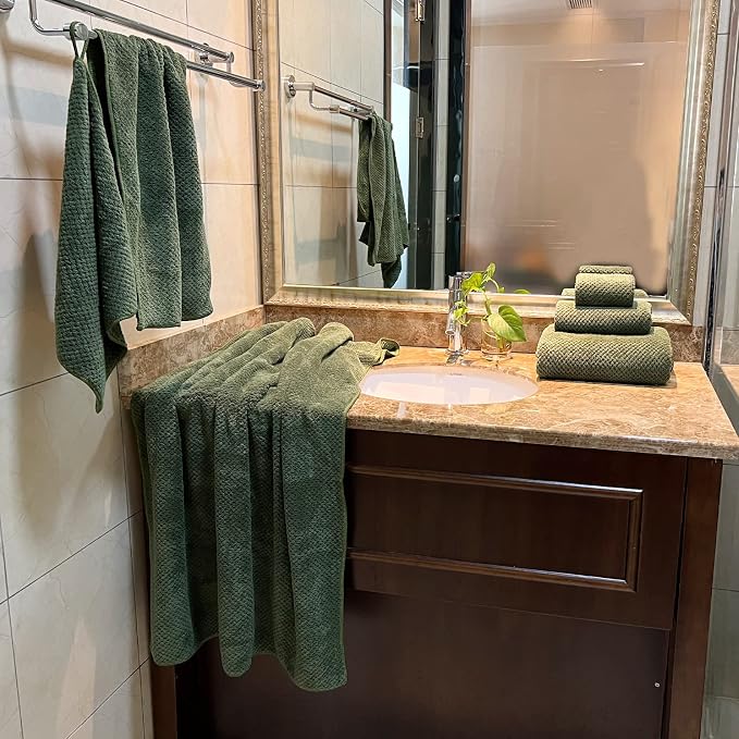 YTYC 29x59 Bath Towels Set,Towels for Bathroom,Olive Green,6-Pieces | 2 Large Bath towels,2 Hand towels (14x29"),2 Washcloth (13x13"),Super Soft,Highly absorbent,Hanging Loop,80%Polyester
