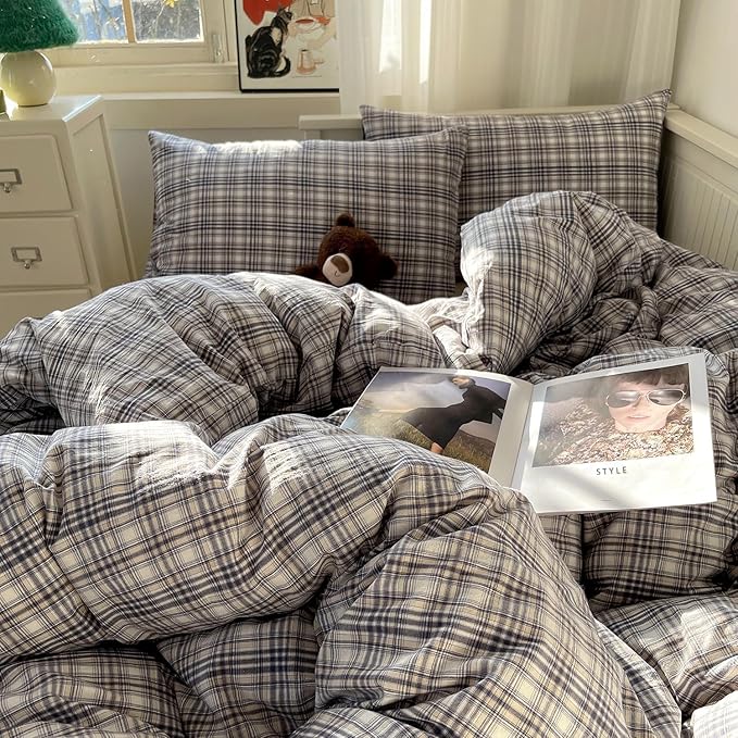 mixinni King Duvet Cover Set - 3 Piece Vintage Buffalo Plaid Bedding, 100% Washed Cotton Duvet Cover with 2 Pillowcases, Soft & Breathable Navy Beige White Geometric Grid Pattern for All Seasons