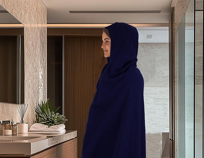 COTTON CRAFT Hooded Bath Towel for Adults – 2 Pack 100% Cotton Bath Sheet | Waffle Weave Oversized 35x70 inch Ringspun Terry Bath Wrap with a hood - Soft Super Absorbent Quick Dry – 450 GSM – Blue
