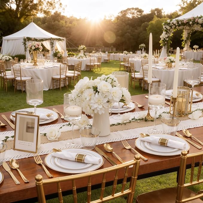 WDF Partyware 350Piece Gold Dinnerware Set for 50 Guests - Gold Plastic Plates with Disposable Cutlery - 50Dinner Plates-50Dessert Plates-50Pre Rolled Napkins with Silverware for Wedding/Birthday