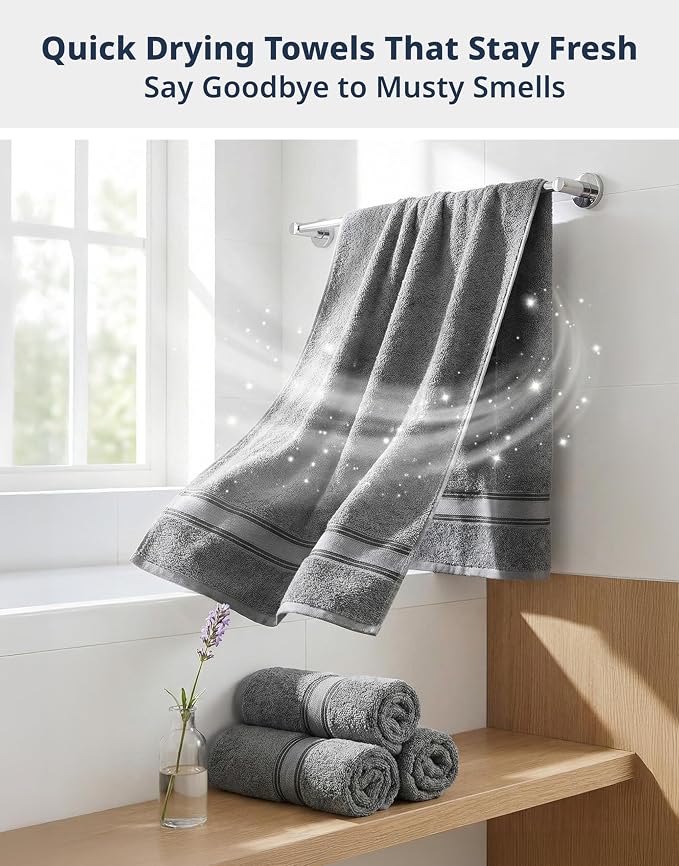 LANE LINEN Bath Towel Set 100% Cotton 6 Piece Soft Absorbent - Grey | Bath Towels Set Of 6 - Densely Woven, Coordinated Colors, Dobby Border Accent, OEKO-TEX Certified, Zero-Twist Durability