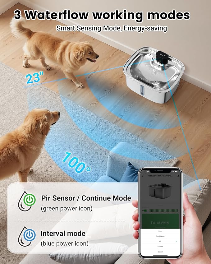 Smart Dog Water Bowl Dispenser Large, 10L/ 2.64Gal Cordless Dog Water Fountain Stainless Steel with APP Monitoring, 4000mah Automatic Cat Water Fountain for Mutil-Pets Large Dogs, 3 Fountain Modes