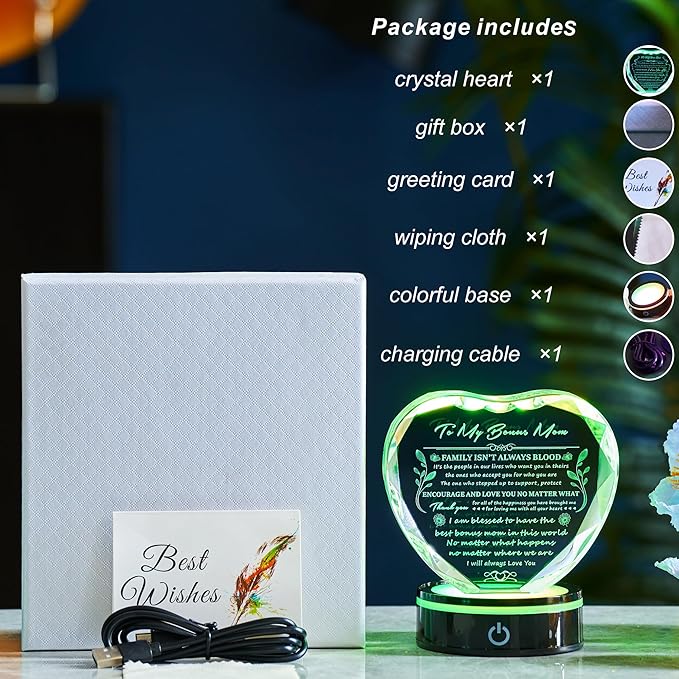 Bonus Mom Gift Ideas from Daughter Son, Gifts for Bonus Mom, Gifts for Step Mom for Valentines Birthday Mothers Day Christmas, Crystal Keepsake with Light Base