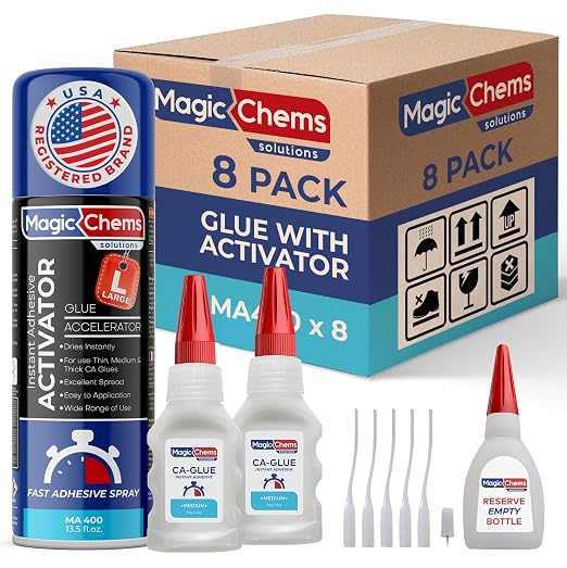 Magic Chems CA Glue with Activator (16 x 1.7 oz + 8 x 13.5 fl oz Activator), Cyanoacrylate Adhesive for 3D Printing & Acrylic, Strong Bond Super Glue Accelerator Set (8 Pack)
