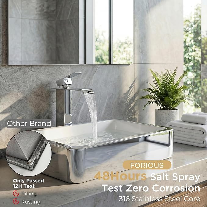 FORIOUS Vessel Bathroom Sink Faucets 1 Hole Chrome, Tall Waterfall Bathroom Faucet Single Handle with Pop Up Drain and Supply Lines for Bowel Sink, Deck Mount