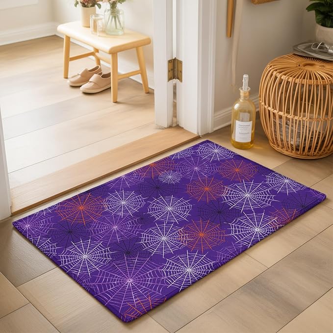 Entryway Area Rug 2'x3', Purple Halloween Washable Small Area Rugs for Kitchen Bathroom Bedroom Office Laundry, Red Black White Net Halloween Non Slip Door Mat Indoor Entrance Floor Throw Carpet