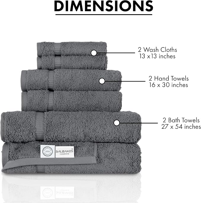 SALBAKOS 100% Turkish Cotton Bathroom Towel Set of 6-Piece, Gray | 630 Gsm Thick Super Soft Highly Absorbent 2 Bath + 2 Hand + 2 Washcloth Towels Sets, Giftable, Hotel Quality, Made in Turkey