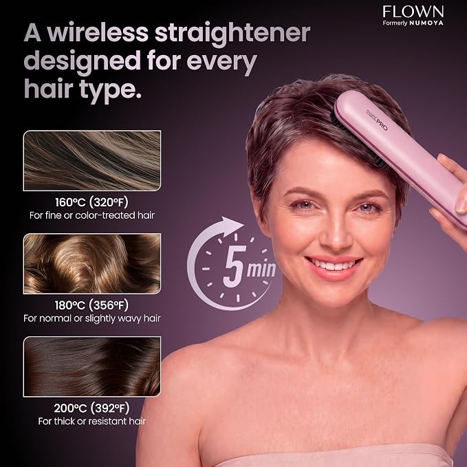 FLOWN® Original Go Brush PRO [Five Minutes Hair Styling Routine] - No Damage Heat Brush with USB-C Charger - Electric Travel Pocket Brush for All Hair Types - Pink (Formerly Numoya)