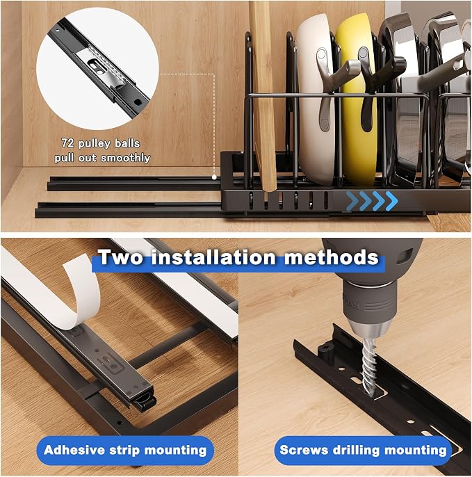 Mustorn Pots and Pans Organizer Under Cabinet, 21.6" Deep Pull Out Pot Lid Organizer Holder with Guardrail Adhesive Pot and Pan Holder Rack with 10 Adjustable Dividers-1 Pack(Black)