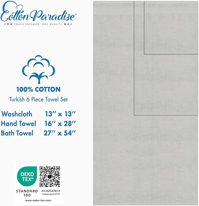 Cotton Paradise Towel Set of 6, 2 Bath Towels, 2 Hand Towels and 2 Washcloths Towels for Bathroom Sets, Platinium Grey