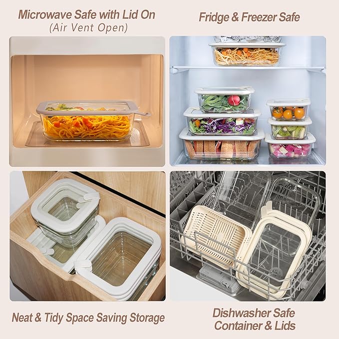 Glass Food Storage Containers with Glass Lids, Microwave Safe Food Container Set, Aitight Meal Prep Container Set, LeakProof, 100% Plastic Free, 4 Pack
