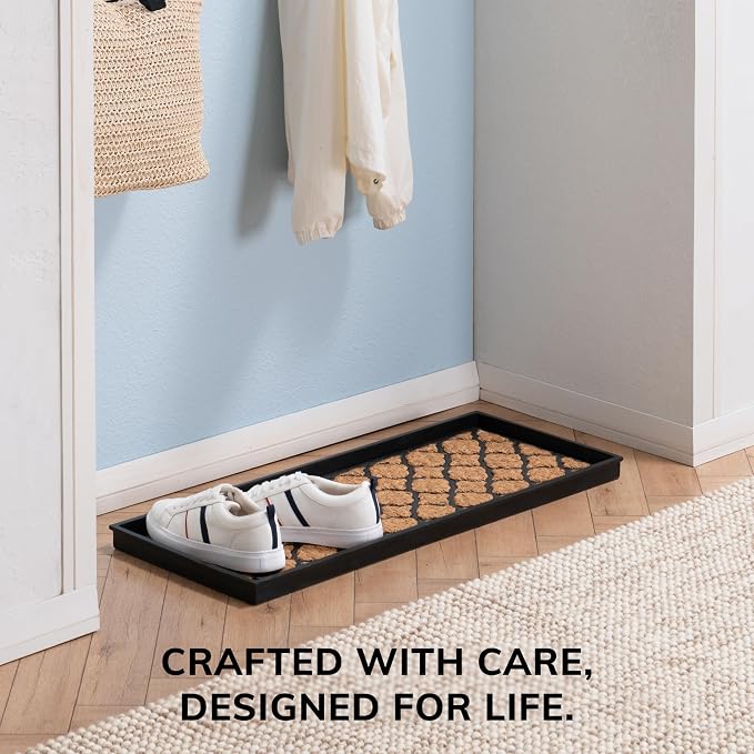 Anji Mountain Heavy Duty Waterproof Rubber Shoe Storage Mat Organizer/Boot Storage Tray Multi Use for Entryway with Coir, Tan Insert, Fits 3 Pair (34.5" Wide)