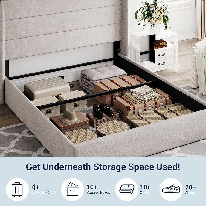 Allewie Full Size Lift Up Hydraulic Storage Bed Frame Light Beige | Modern Wingback Headboard, Hydraulic Support Storage, No Box Spring Needed