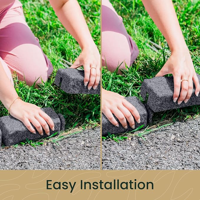 Landscape Edging | Garden Edging Border | Polyrock Bricks for Lawn Edging, Flower beds, Pathways & Yard Edging– 10 Packs | Each Section Has 6 Bricks 48" L x 4" W x 2.25" H | 30 Spikes |Charcoal