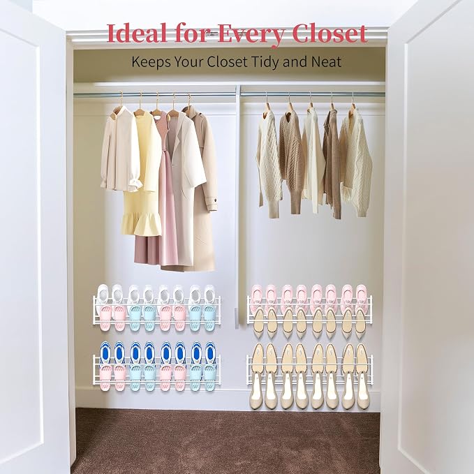 4 Pack Wall Mounted Shoe Rack for Narrow Spaces, Hanging Shoe Rack Holds 32 Pairs, 17"-30"Adjustable Heavy Duty Wall Shoe Storage with 8 Storage Hooks, Space Saving for Closet Entryway Door, White