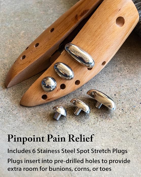 FootFitter Premium Professional One‑Way Shoe Stretcher, Width Expansion | Heavy Duty Wooden Shoe Stretcher Extends Up to ½ a Size, Provides Targeted Relief for Tight Areas with Metal Spot Plugs